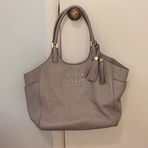 Tory Burch gray leather tote bag with tassels, EUC